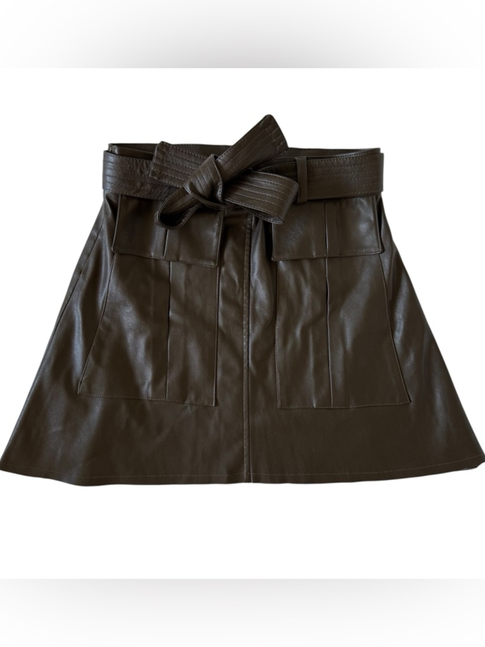 Nonchalant the Label vegan faux leather chocolate brown mini skirt with tie belt
